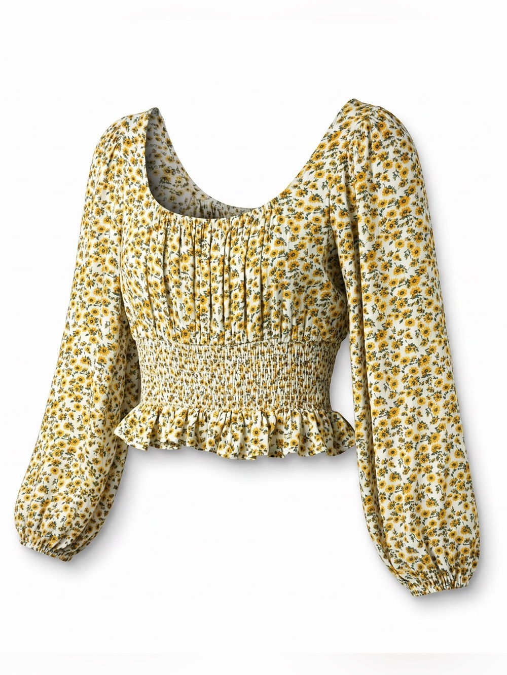 ALTAR’D STATE Ditsy Floral Sunflower Print Balloon Sleeve Smocked Peplum Top, S